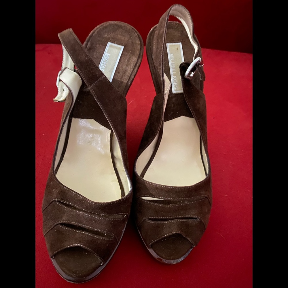 Michael Kors brown sling back wedge suede leather8
